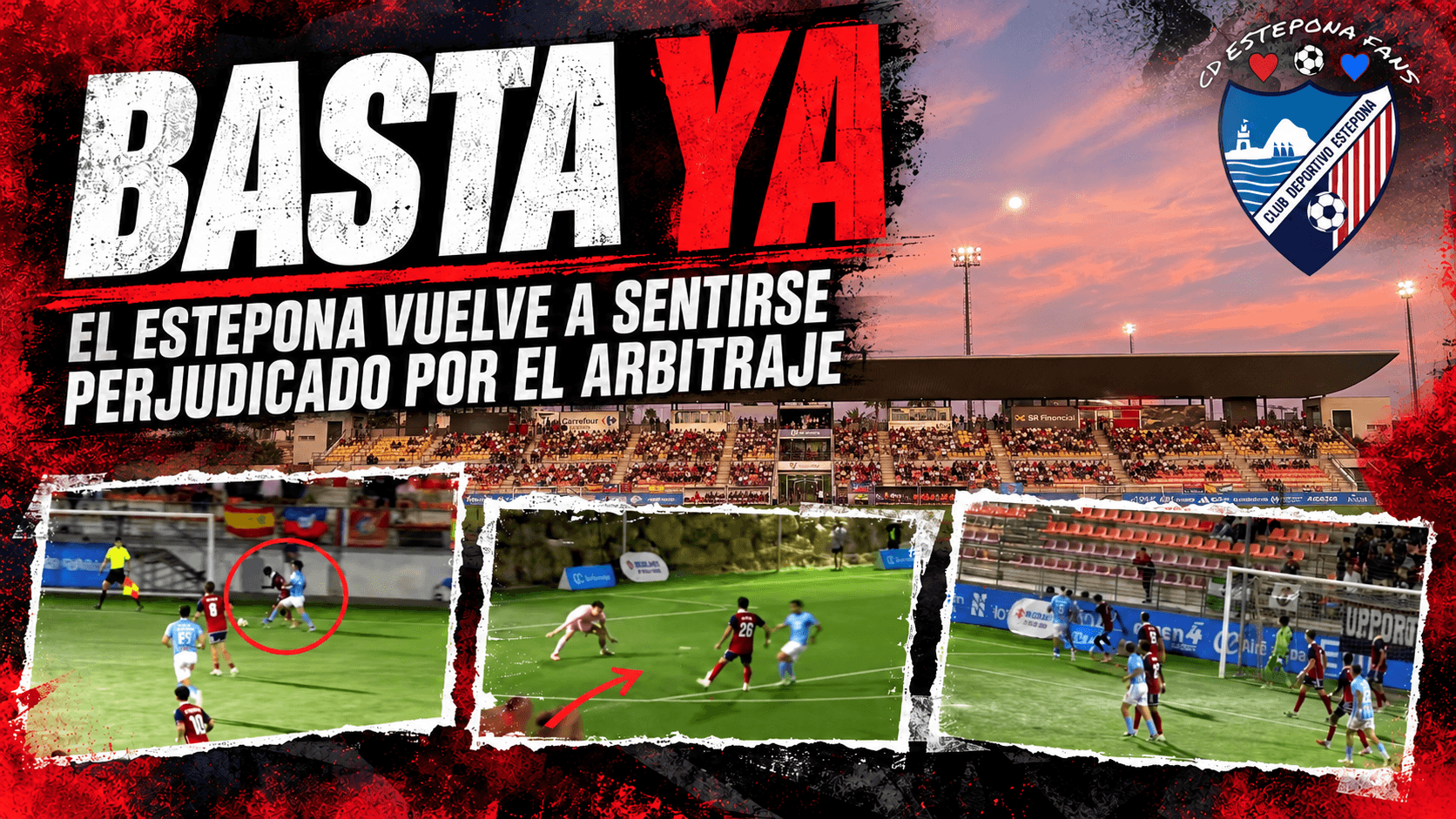 Ilustración editorial sobre la polémica arbitral y el malestar de la afición del CD Estepona tras el empate ante el Ciudad de Lucena.