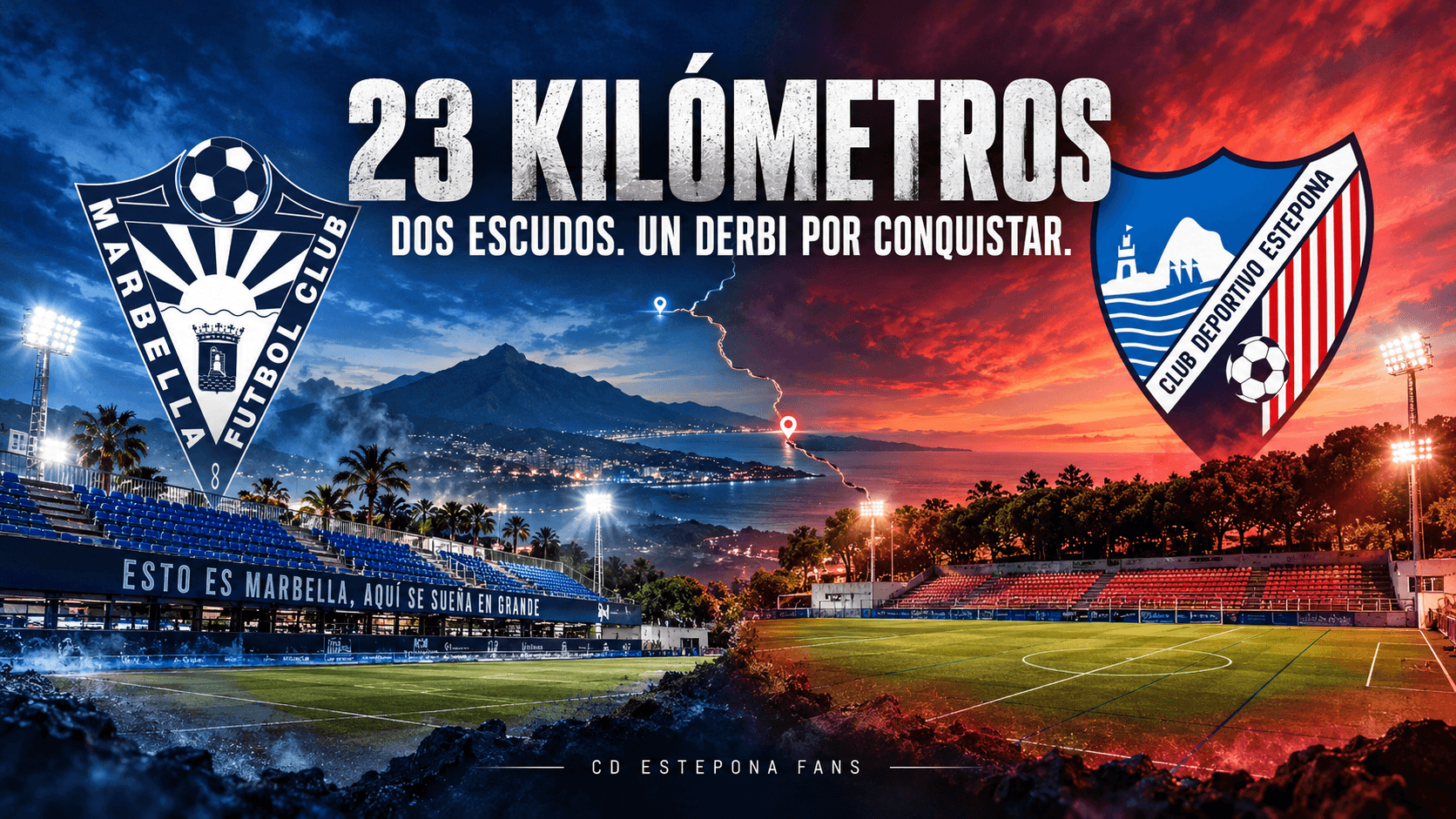 Portada del derbi entre Marbella FC y CD Estepona con los escudos de ambos equipos, sus estadios y el titular «23 kilómetros, dos escudos. Un derbi por conquistar».