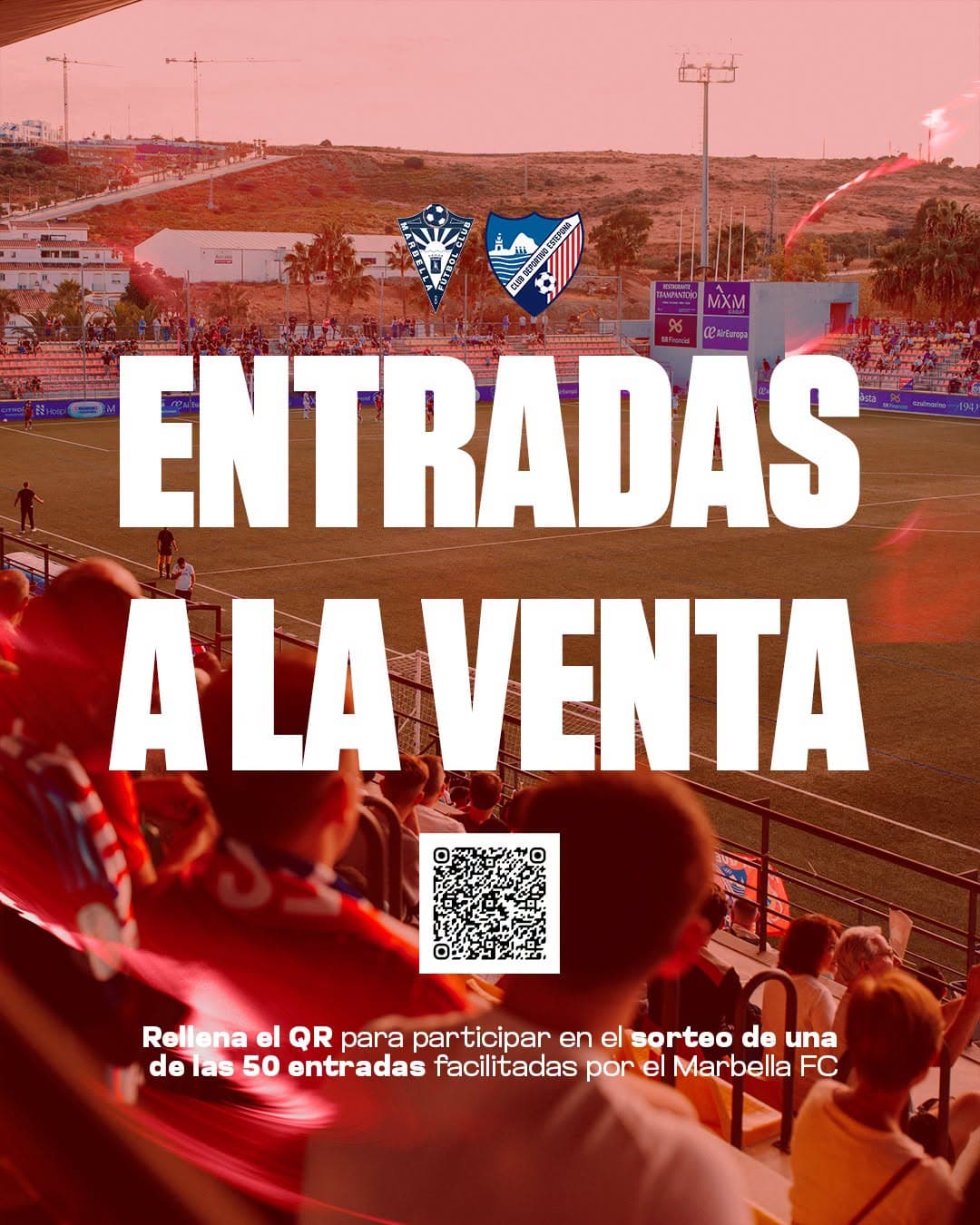 Cartel del sorteo de 50 entradas visitantes para el derbi entre el Marbella FC y el CD Estepona.
