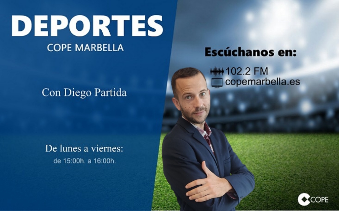 Cartel del programa Deportes COPE Marbella, con Diego Partida, de lunes a viernes de 15:00 a 16:00, en el 102.2 FM y en copemarbella.es